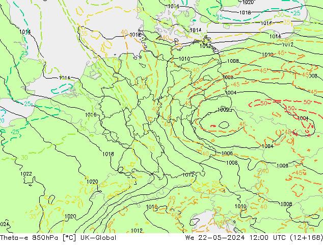 Theta-e 850hPa UK-Global mié 22.05.2024 12 UTC