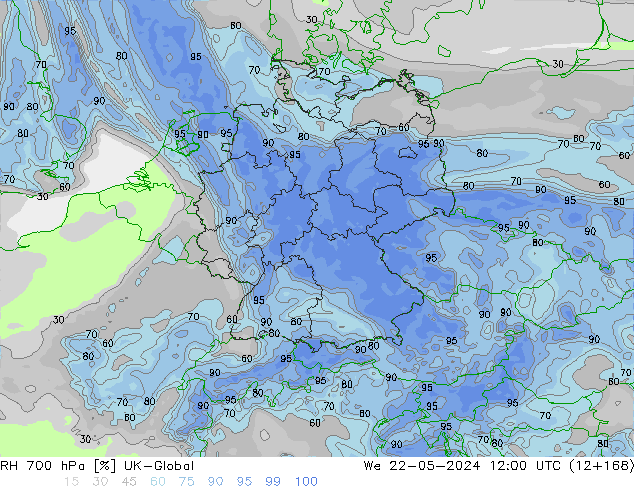 Humidité rel. 700 hPa UK-Global mer 22.05.2024 12 UTC