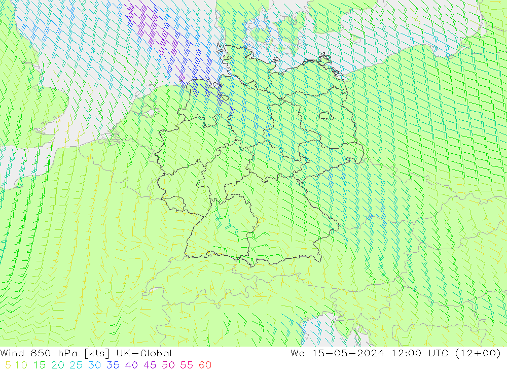 风 850 hPa UK-Global 星期三 15.05.2024 12 UTC
