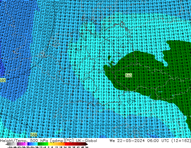 Hoogte/Temp. 500 hPa UK-Global wo 22.05.2024 06 UTC