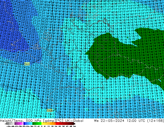 Height/Temp. 500 hPa UK-Global mer 22.05.2024 12 UTC