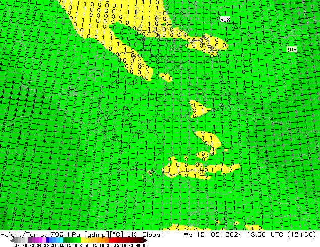 Height/Temp. 700 hPa UK-Global 星期三 15.05.2024 18 UTC