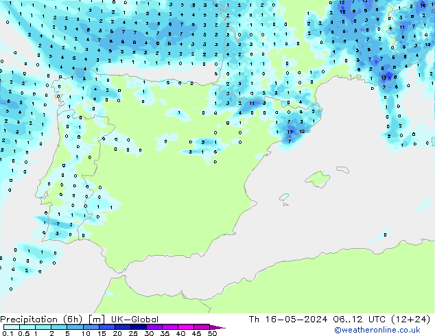Precipitation (6h) UK-Global Čt 16.05.2024 12 UTC