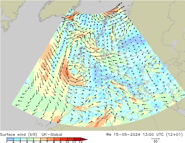 Viento 10 m (bft) UK-Global mié 15.05.2024 13 UTC