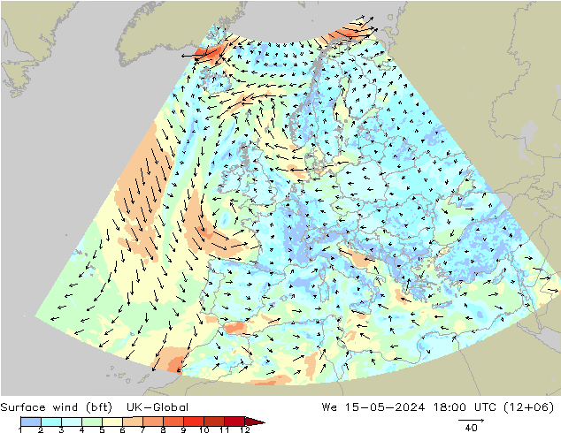Surface wind (bft) UK-Global We 15.05.2024 18 UTC