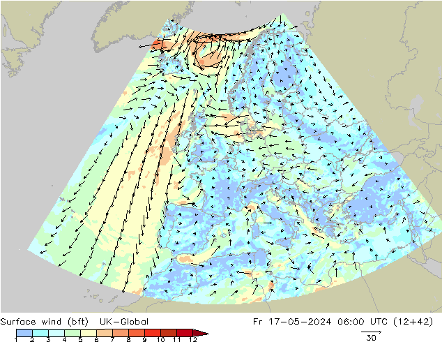 Surface wind (bft) UK-Global Pá 17.05.2024 06 UTC