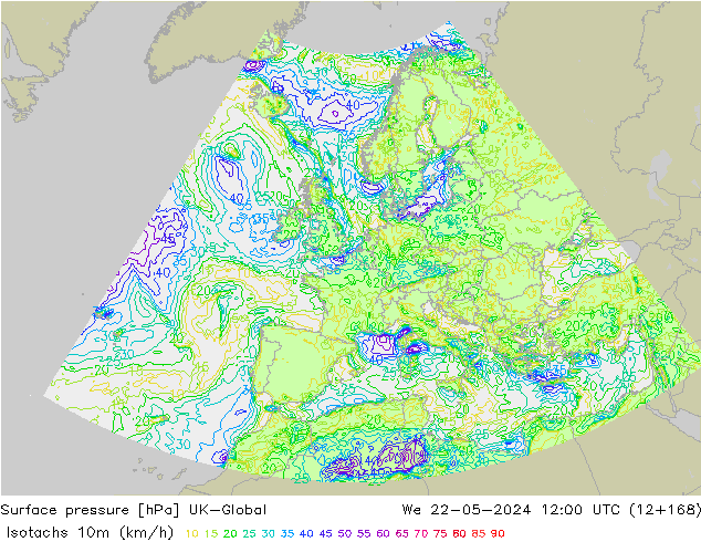 Isotachs (kph) UK-Global We 22.05.2024 12 UTC