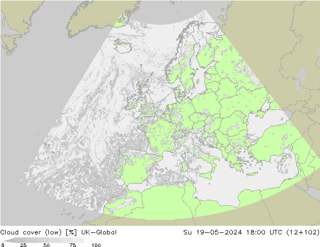 Bewolking (Laag) UK-Global zo 19.05.2024 18 UTC
