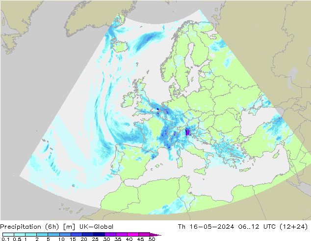 降水量 (6h) UK-Global 星期四 16.05.2024 12 UTC