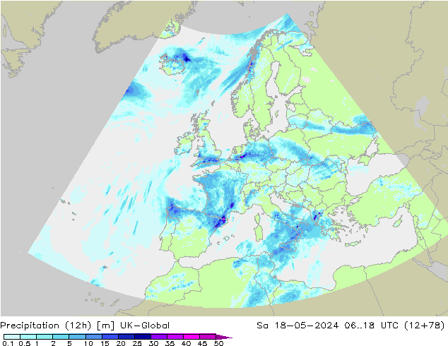 Precipitazione (12h) UK-Global sab 18.05.2024 18 UTC