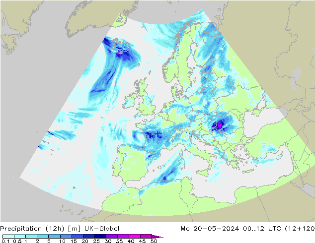Precipitation (12h) UK-Global Mo 20.05.2024 12 UTC