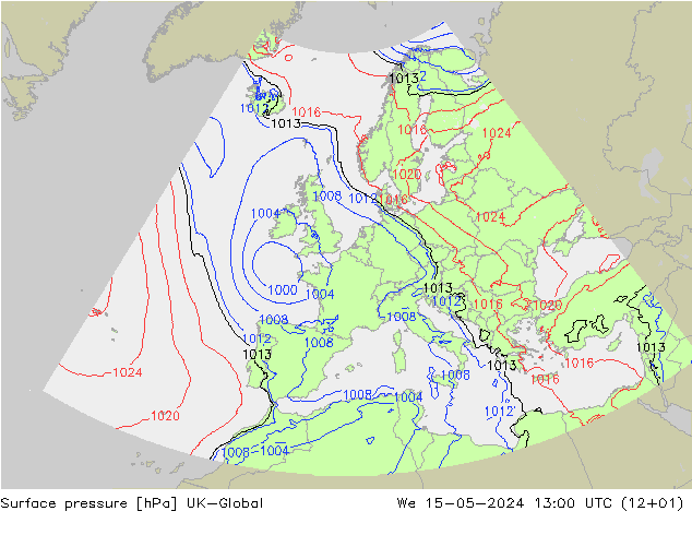 Pressione al suolo UK-Global mer 15.05.2024 13 UTC