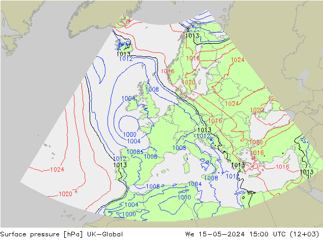 Pressione al suolo UK-Global mer 15.05.2024 15 UTC