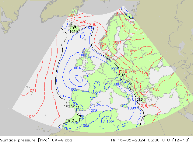 Pressione al suolo UK-Global gio 16.05.2024 06 UTC