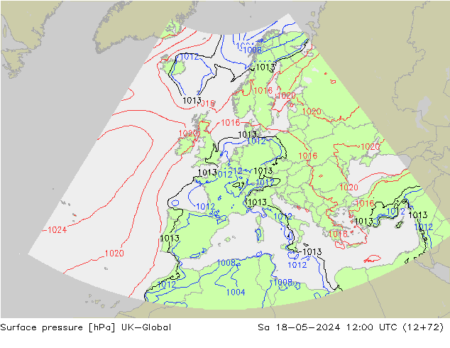 Presión superficial UK-Global sáb 18.05.2024 12 UTC