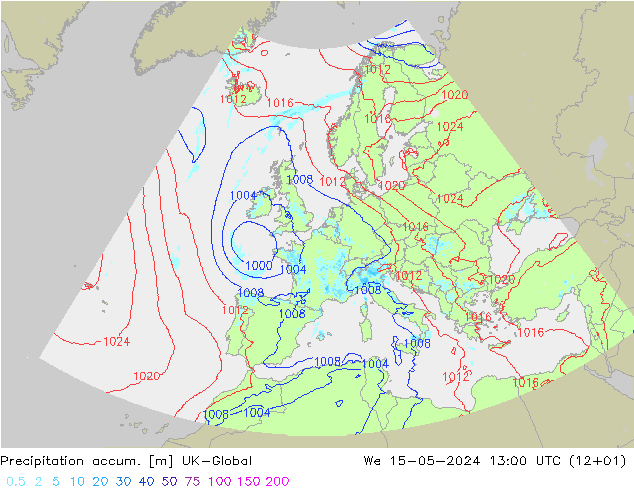 Precipitation accum. UK-Global Qua 15.05.2024 13 UTC