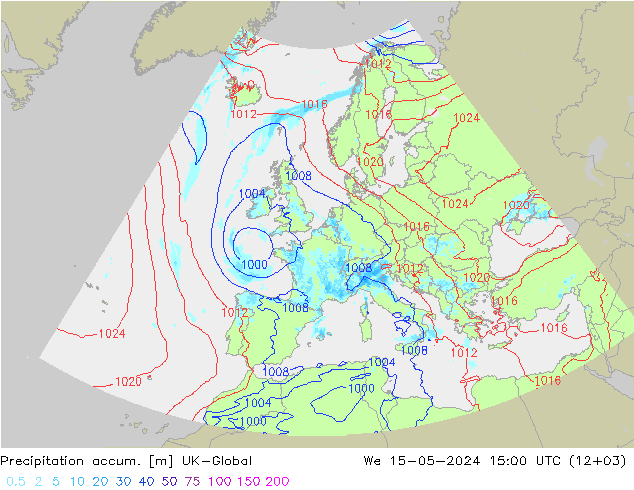 Precipitation accum. UK-Global śro. 15.05.2024 15 UTC