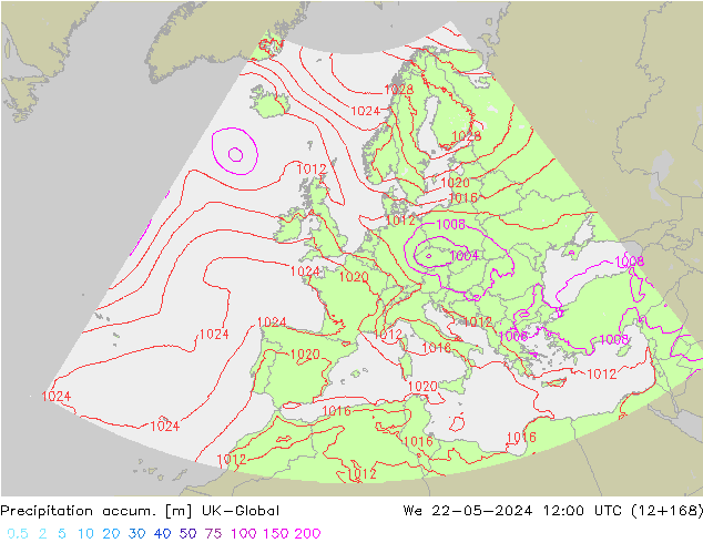Precipitation accum. UK-Global mer 22.05.2024 12 UTC