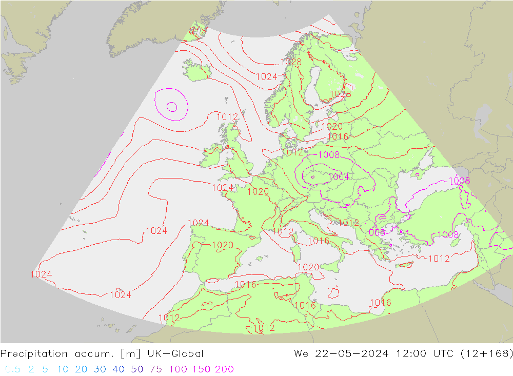 Precipitation accum. UK-Global Qua 22.05.2024 12 UTC