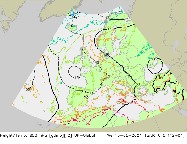 Yükseklik/Sıc. 850 hPa UK-Global Çar 15.05.2024 13 UTC