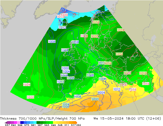 700-1000 hPa Kalınlığı UK-Global Çar 15.05.2024 18 UTC