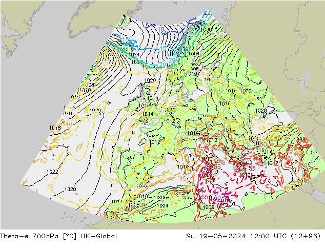 Theta-e 700hPa UK-Global dom 19.05.2024 12 UTC
