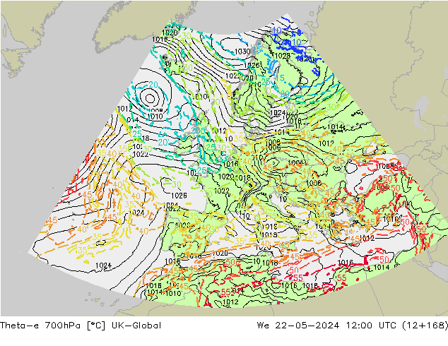 Theta-e 700hPa UK-Global Çar 22.05.2024 12 UTC