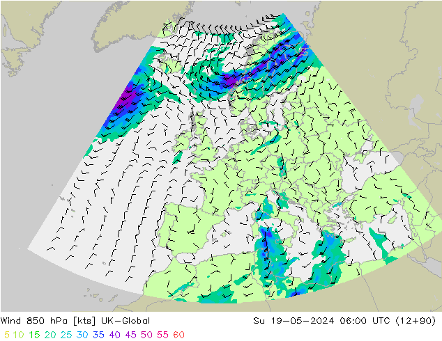 Wind 850 hPa UK-Global Su 19.05.2024 06 UTC