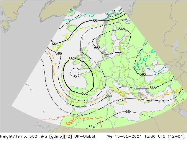 Height/Temp. 500 hPa UK-Global Mi 15.05.2024 13 UTC