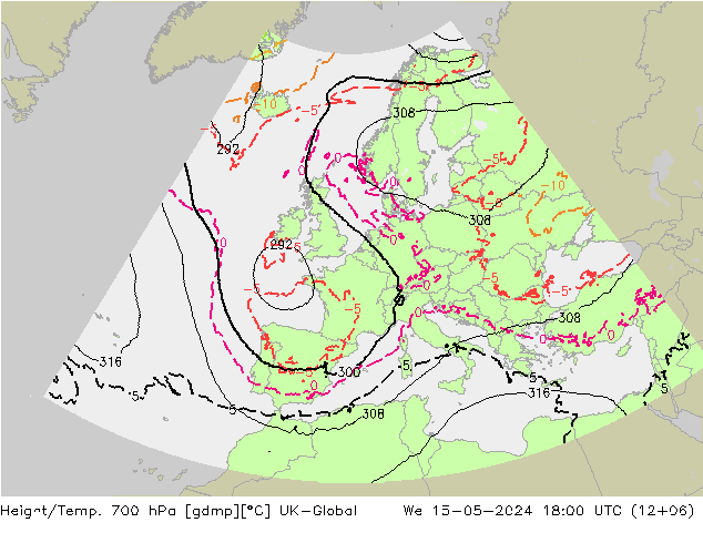 Height/Temp. 700 hPa UK-Global Mi 15.05.2024 18 UTC