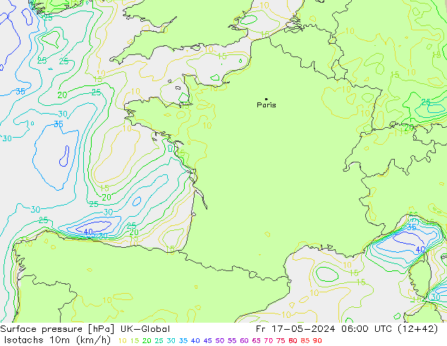 Isotachs (kph) UK-Global Fr 17.05.2024 06 UTC