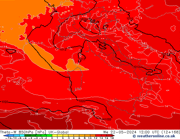 Theta-W 850hPa UK-Global We 22.05.2024 12 UTC