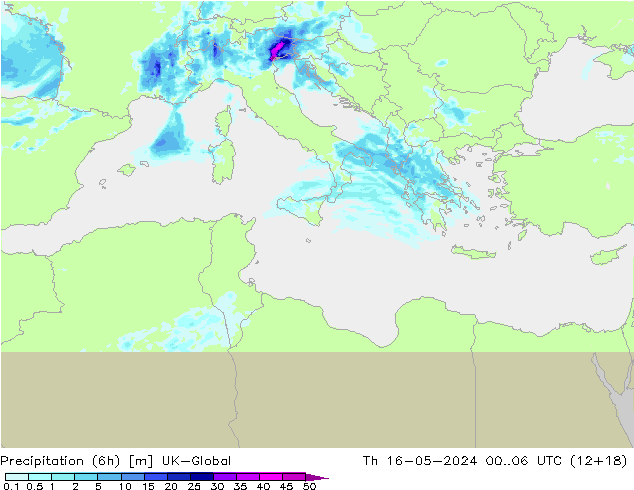 Yağış (6h) UK-Global Per 16.05.2024 06 UTC