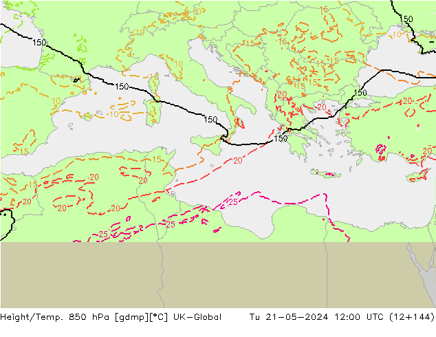 Height/Temp. 850 hPa UK-Global Tu 21.05.2024 12 UTC