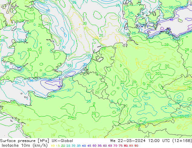 Isotachs (kph) UK-Global mer 22.05.2024 12 UTC
