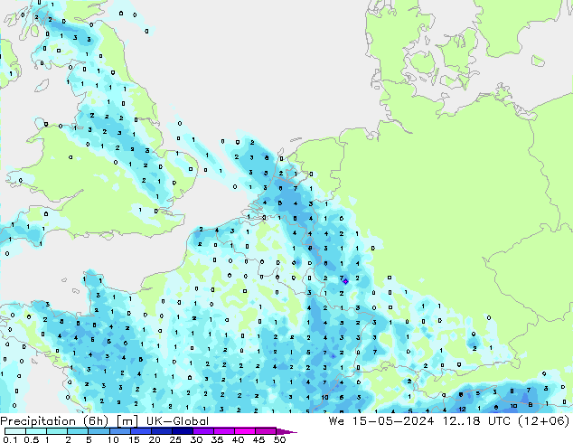 降水量 (6h) UK-Global 星期三 15.05.2024 18 UTC