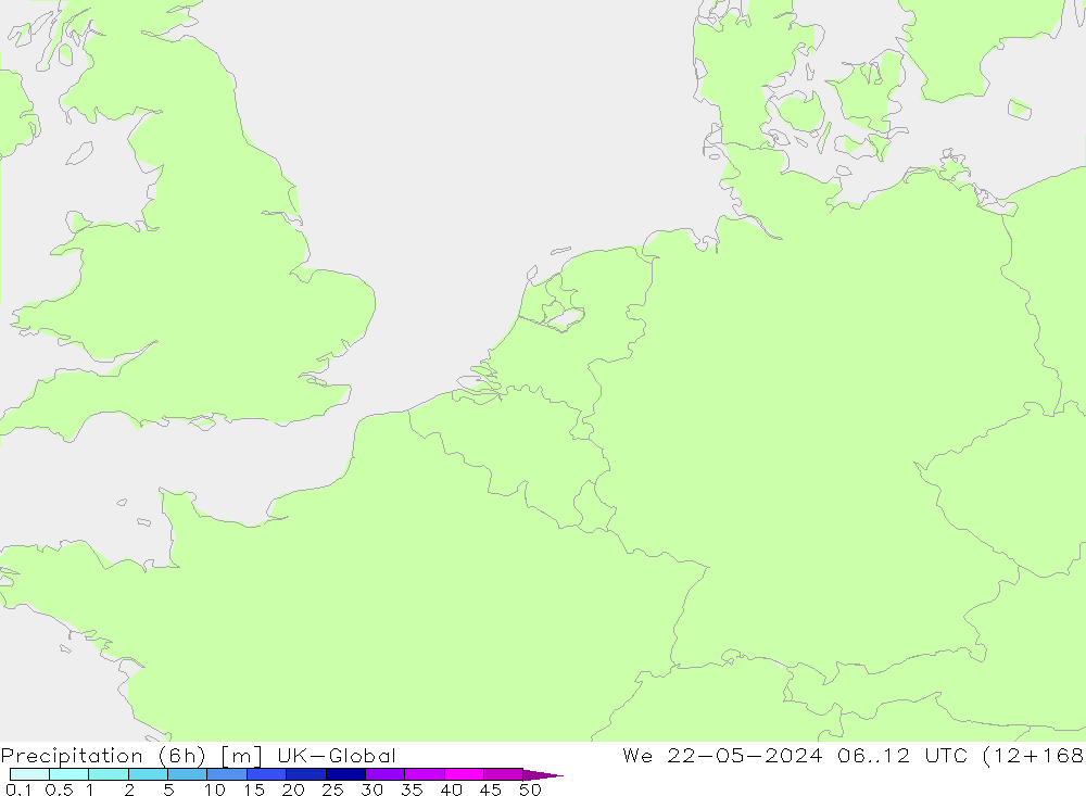 Totale neerslag (6h) UK-Global wo 22.05.2024 12 UTC