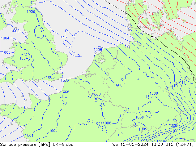 Presión superficial UK-Global mié 15.05.2024 13 UTC