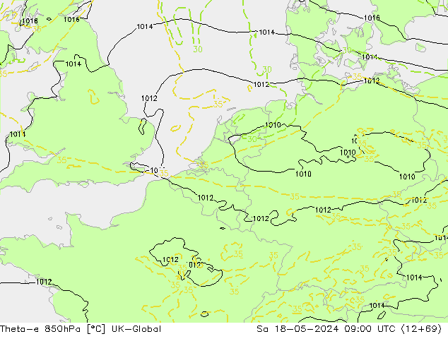 Theta-e 850hPa UK-Global Sa 18.05.2024 09 UTC