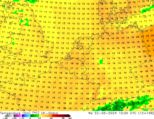 Temperatuurkaart (2m) UK-Global wo 22.05.2024 12 UTC