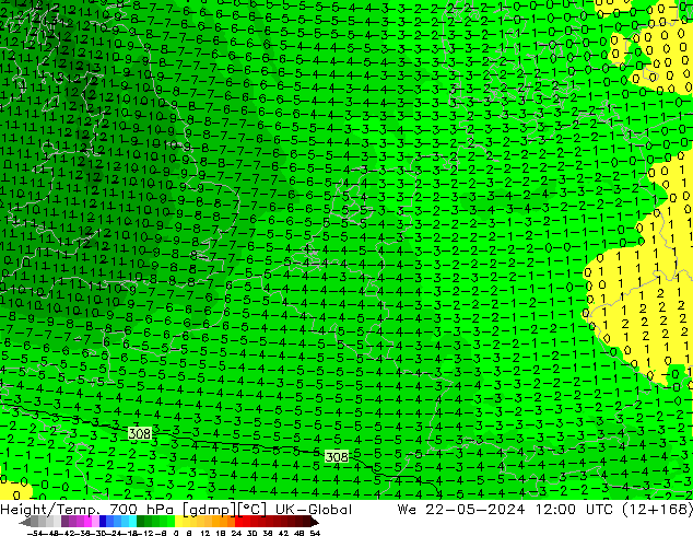 Height/Temp. 700 hPa UK-Global Qua 22.05.2024 12 UTC