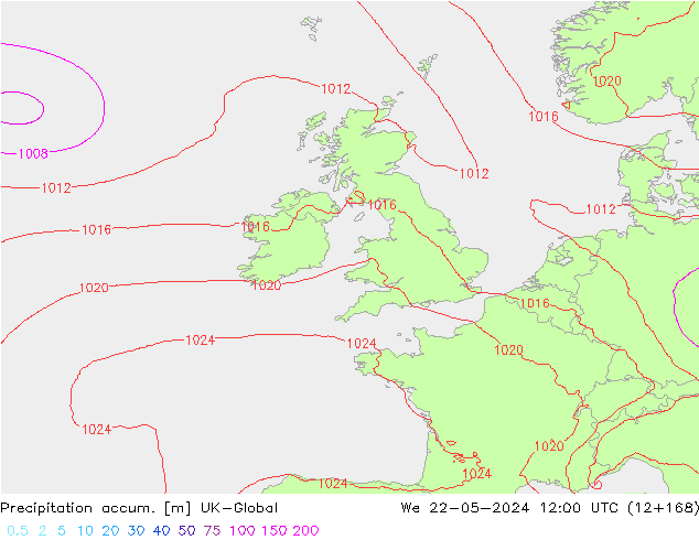 Totale neerslag UK-Global wo 22.05.2024 12 UTC