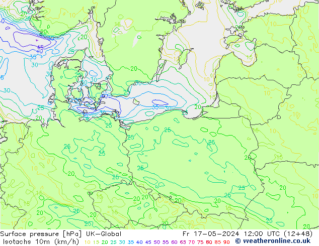 Isotachs (kph) UK-Global Pá 17.05.2024 12 UTC