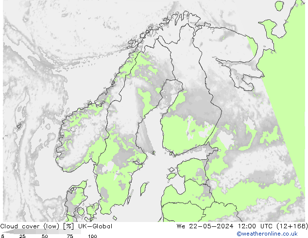 Cloud cover (low) UK-Global We 22.05.2024 12 UTC