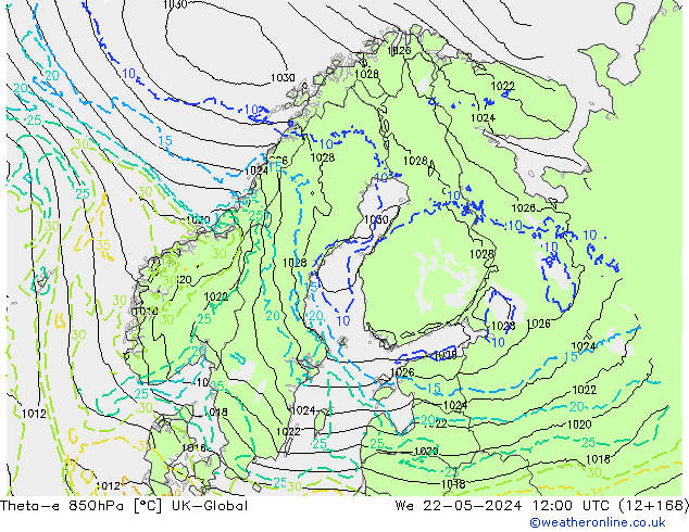 Theta-e 850hPa UK-Global Mi 22.05.2024 12 UTC