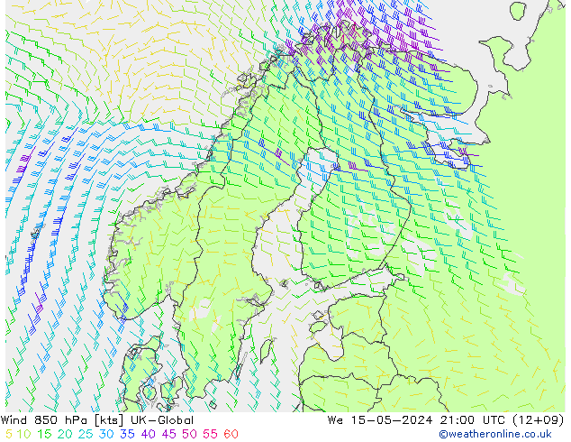 Wind 850 hPa UK-Global wo 15.05.2024 21 UTC