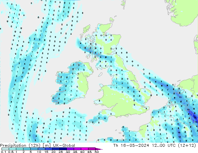 Precipitation (12h) UK-Global Th 16.05.2024 00 UTC
