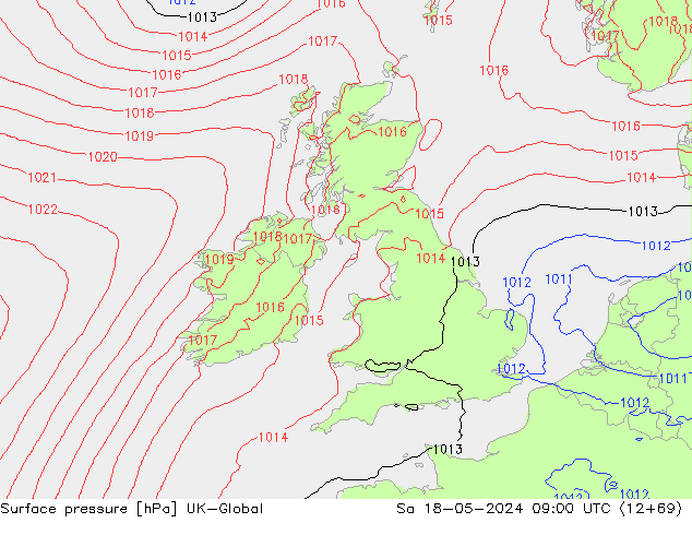 Pressione al suolo UK-Global sab 18.05.2024 09 UTC