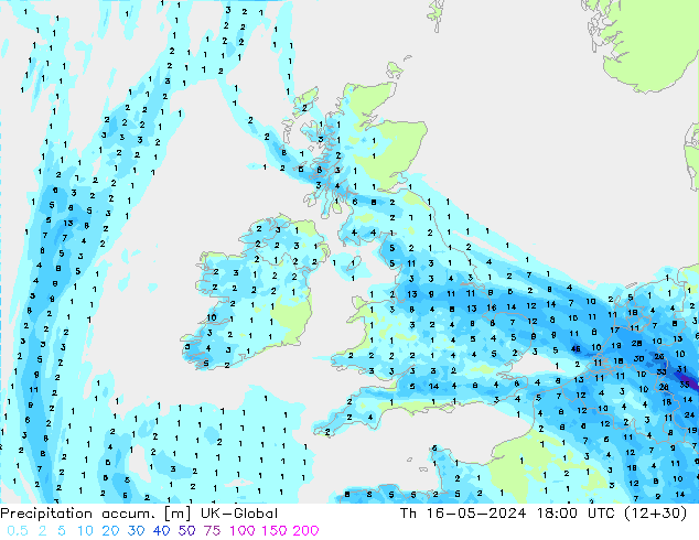 Precipitation accum. UK-Global Th 16.05.2024 18 UTC
