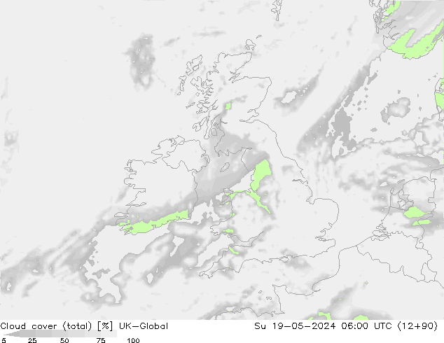 Cloud cover (total) UK-Global Su 19.05.2024 06 UTC